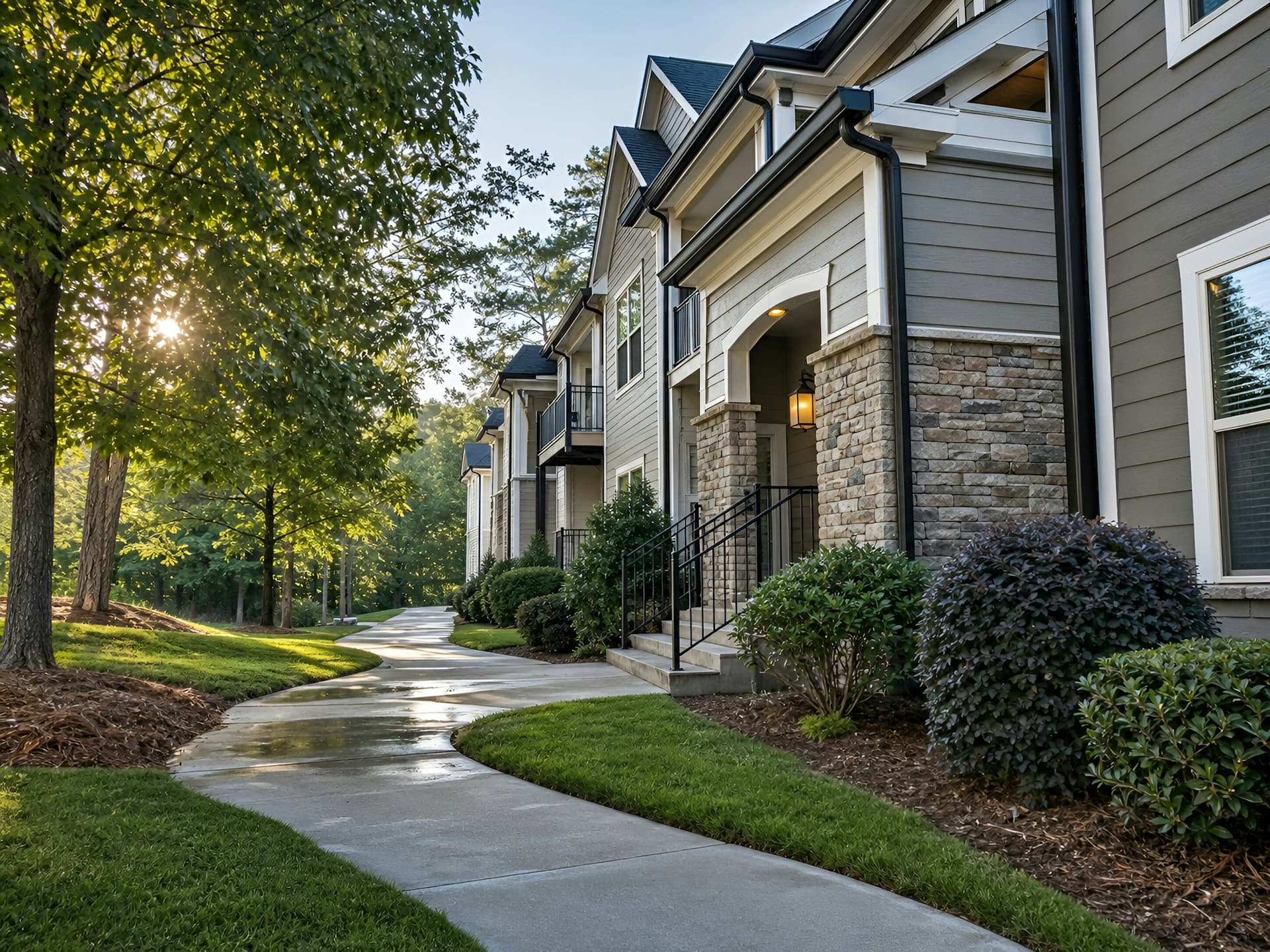 Walkway through a townhome community with stone-accented buildings and landscaping